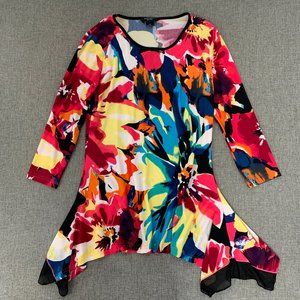 Investments Shark Bite Floral Top Petite Small Multicolor Round Neck Long sleeve
